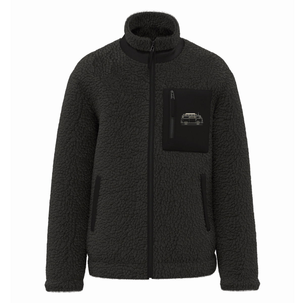 Veste sherpa Van Signature noire en polyester recyclé certifié GRS, PETA-Approved Vegan, imprimée en France. M.Bivouak vanlife