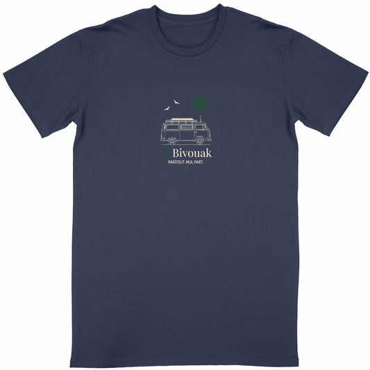 T-shirt vanlife Soleil Route oiseaux van navy coton en conversion biologique made in France M.Bivouak