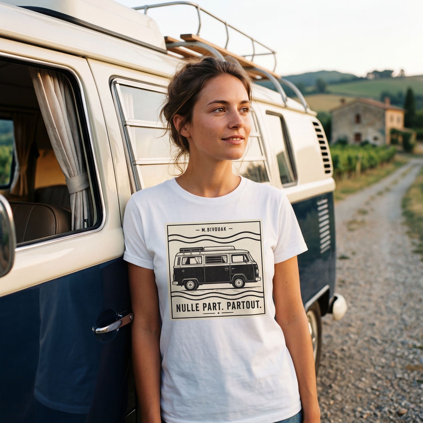 Femme portant le t-shirt Nulle part. Partout. blanc en coton en conversion biologique devant un combi VW. M.Bivouak, vanlife.