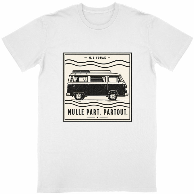 T-shirt vanlife Nulle part Partout tampon postal blanc coton en conversion biologique made in France M.Bivouak
