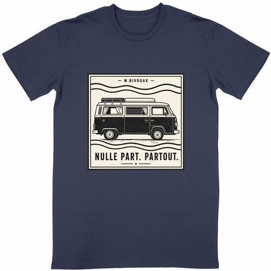 T-shirt vanlife Nulle part Partout tampon postal navy coton en conversion biologique made in France M.Bivouak