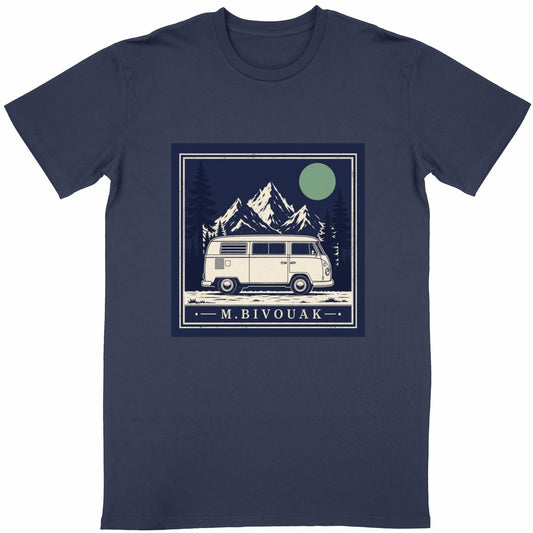 T-shirt vanlife Van et Montagne gravure vintage navy coton en conversion biologique made in France M.Bivouak