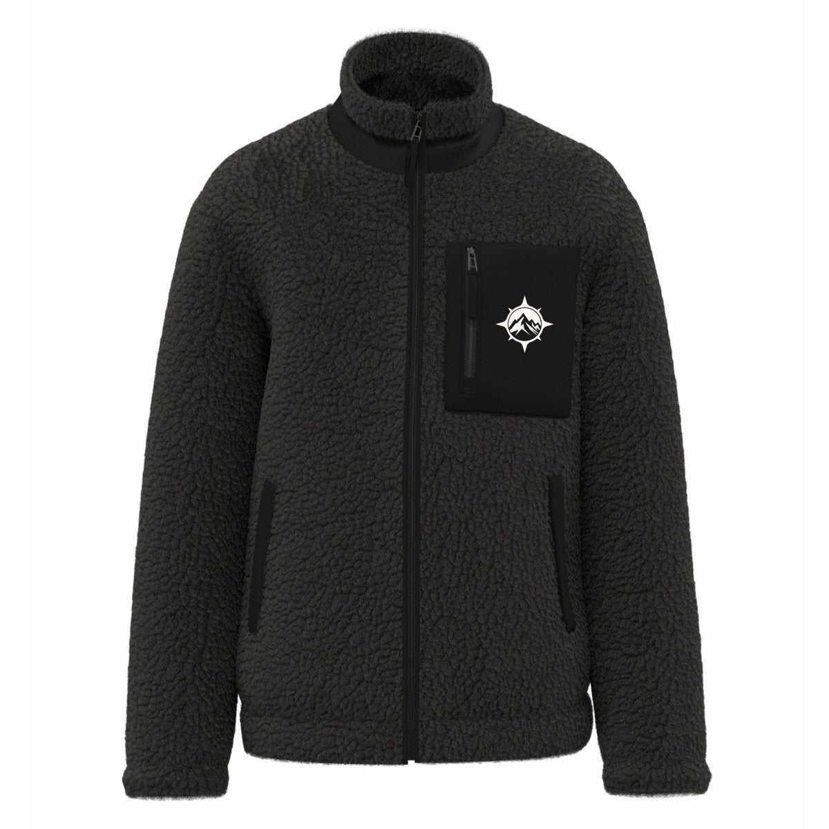 Veste sherpa Plein Nord emblème boussole et montagne noire en polyester recyclé certifié GRS, PETA-Approved Vegan, imprimée en France. M.Bivouak vanlife