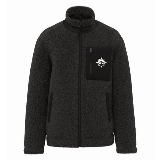 Veste sherpa Plein Nord emblème boussole et montagne noire en polyester recyclé certifié GRS, PETA-Approved Vegan, imprimée en France. M.Bivouak vanlife