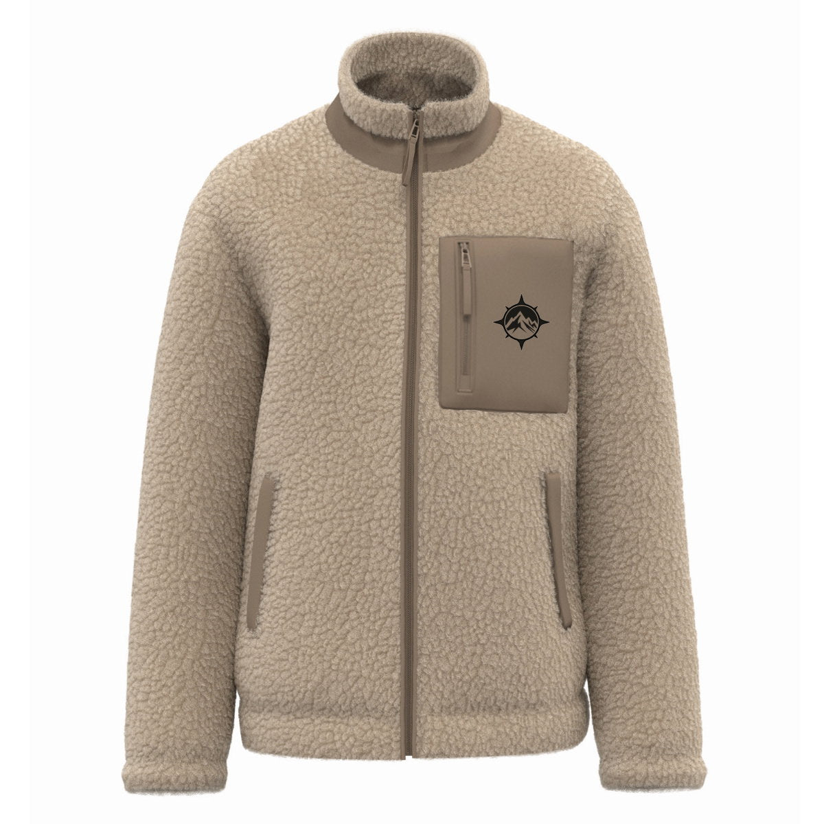 Veste sherpa Plein Nord emblème boussole et montagne beige en polyester recyclé certifié GRS, PETA-Approved Vegan, imprimée en France. M.Bivouak vanlife