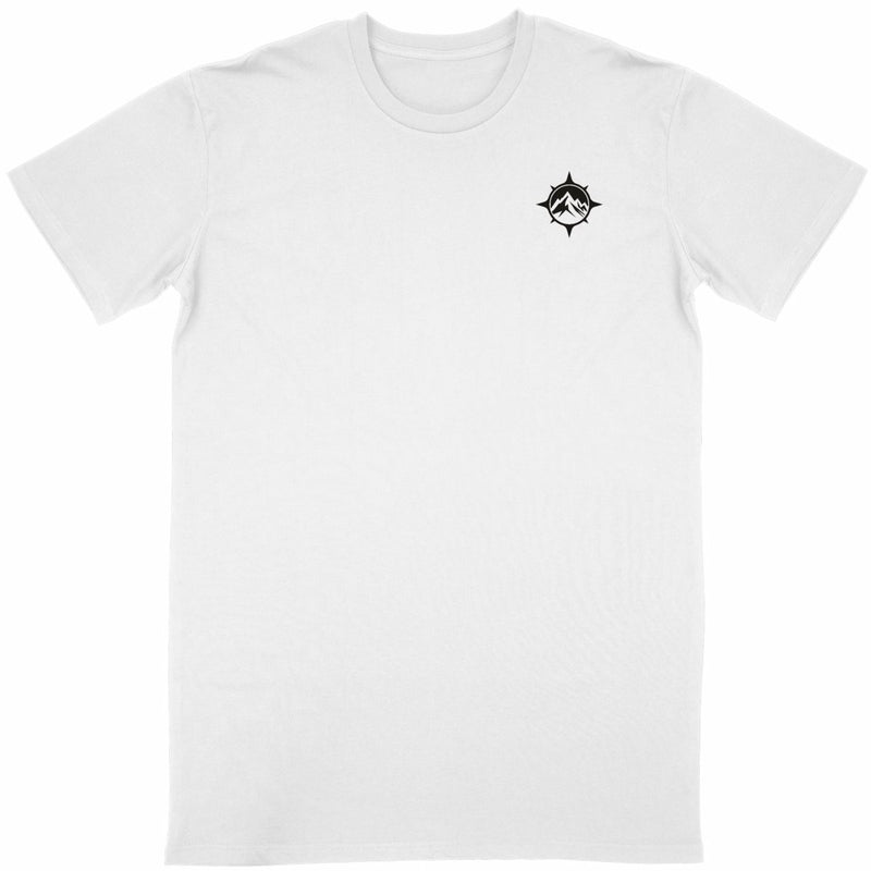 T-shirt vanlife Plein Nord emblème boussole et montagne sur le cœur blanc coton en conversion biologique made in France M.Bivouak