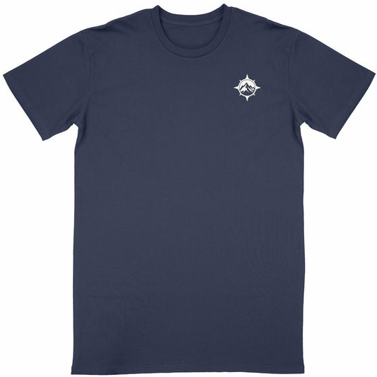 T-shirt vanlife Plein Nord emblème boussole et montagne sur le cœur navy coton en conversion biologique made in France M.Bivouak