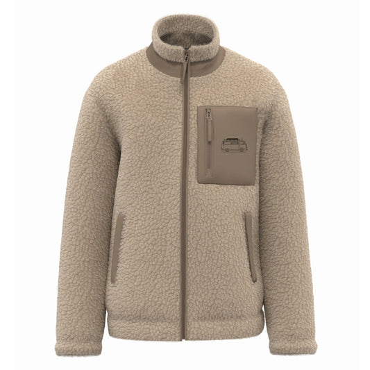 Veste sherpa Van Signature beige en polyester recyclé certifié GRS, PETA-Approved Vegan, imprimée en France. M.Bivouak vanlife