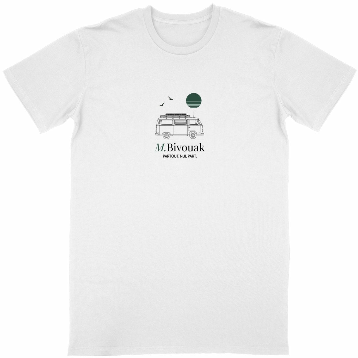 T-shirt vanlife Soleil Route oiseaux van blanc coton en conversion biologique made in France M.Bivouak