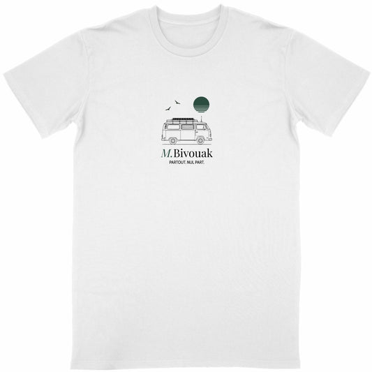 T-shirt vanlife Soleil Route oiseaux van blanc coton en conversion biologique made in France M.Bivouak