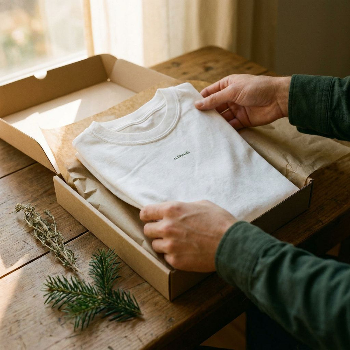 T-shirt M.Bivouak en coton bio plié dans son emballage carton, made in France, imprimé en France.