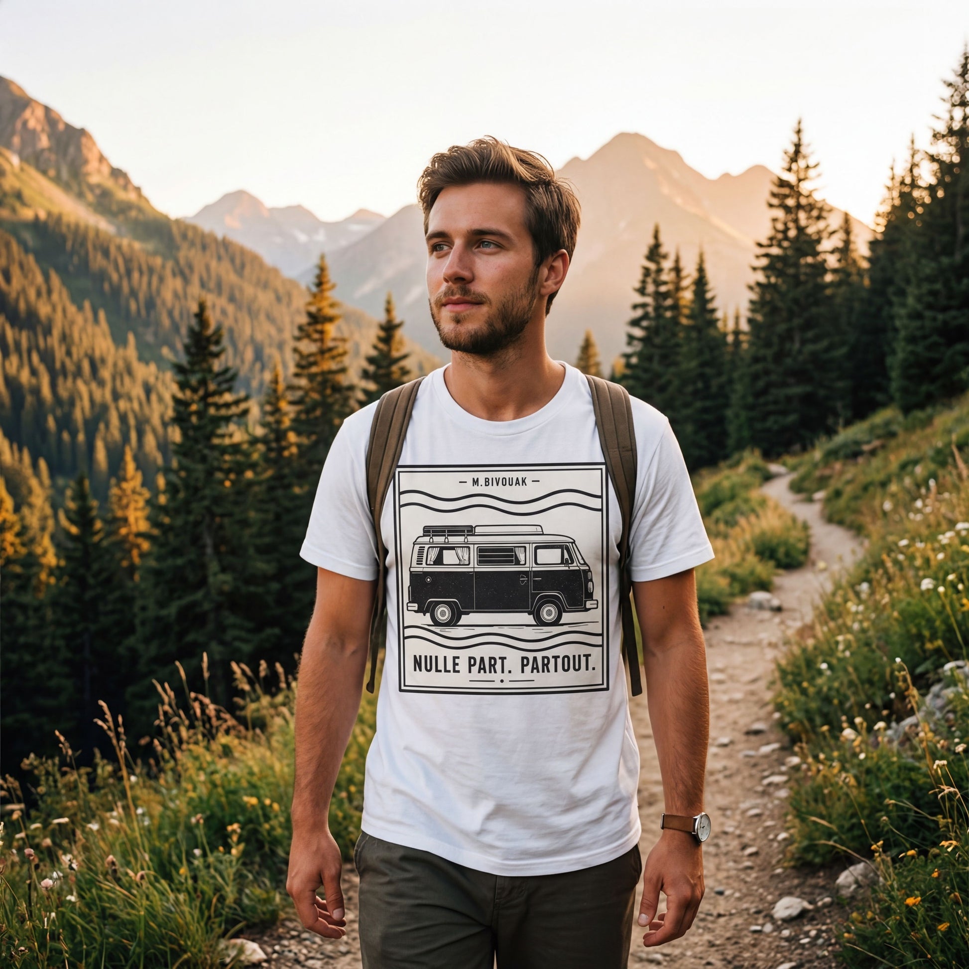 Homme en randonnée portant le t-shirt Nulle part. Partout. blanc en coton en conversion biologique, motif combi VW, en montagne. M.Bivouak, vanlife.
