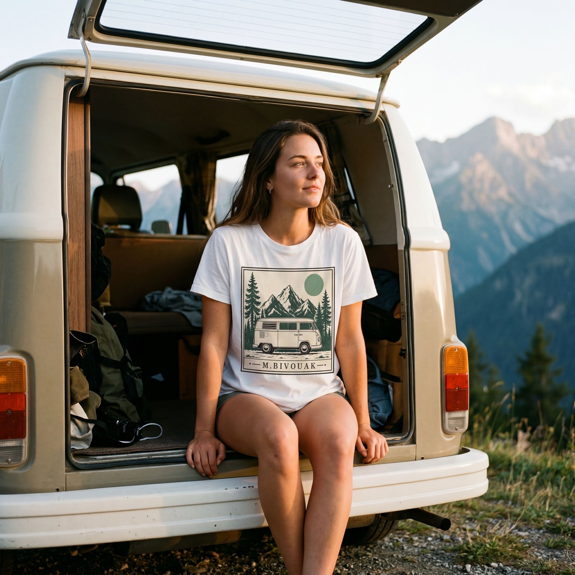 Femme portant le t-shirt Van & Montagne blanc en coton en conversion biologique assise dans le hayon d'un combi VW en montagne. M.Bivouak, vanlife.