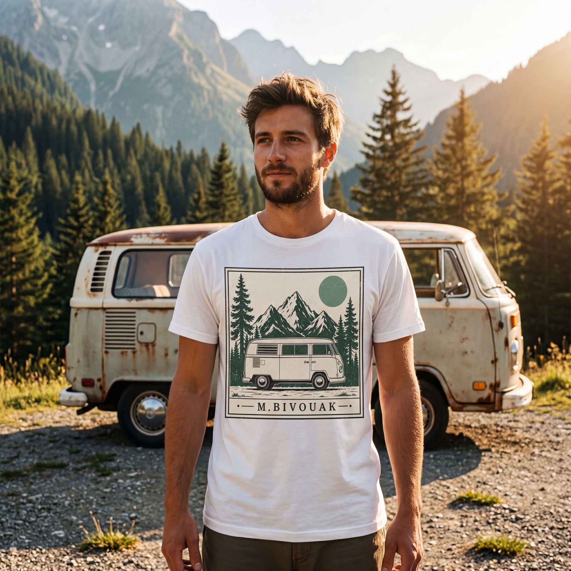 Homme portant le t-shirt Van & Montagne blanc en coton en conversion biologique devant un combi VW vintage en forêt. M.Bivouak, vanlife.