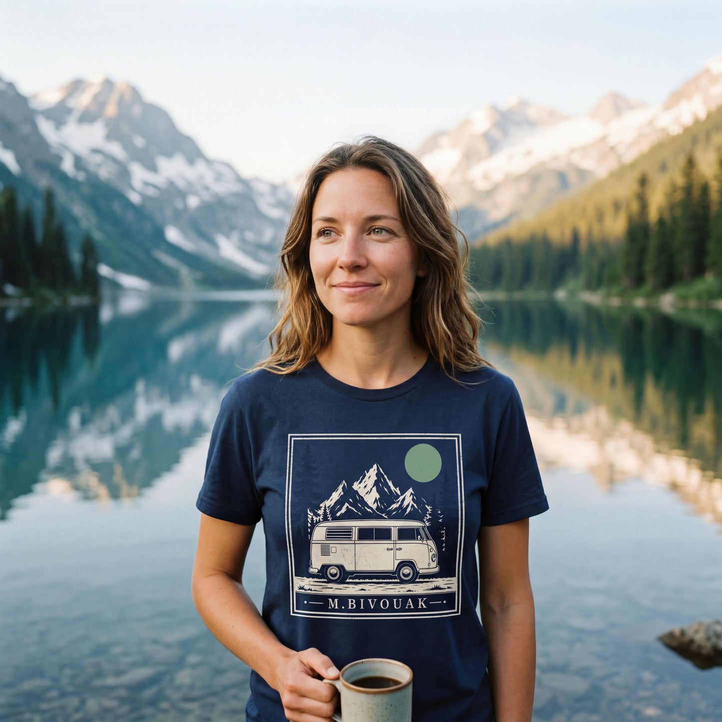 Femme portant le t-shirt Van & Montagne bleu marine en coton en conversion biologique au bord d'un lac de montagne. M.Bivouak, vanlife.