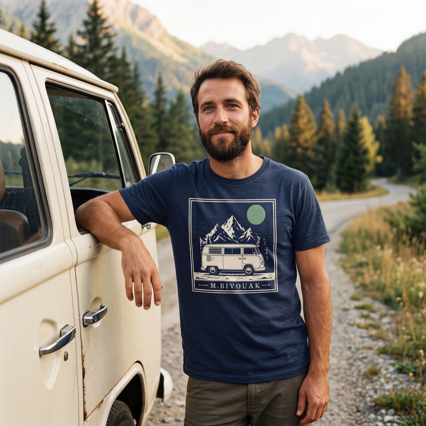 Homme portant le t-shirt Van & Montagne bleu marine en coton en conversion biologique appuyé sur un combi VW en montagne. M.Bivouak, vanlife.