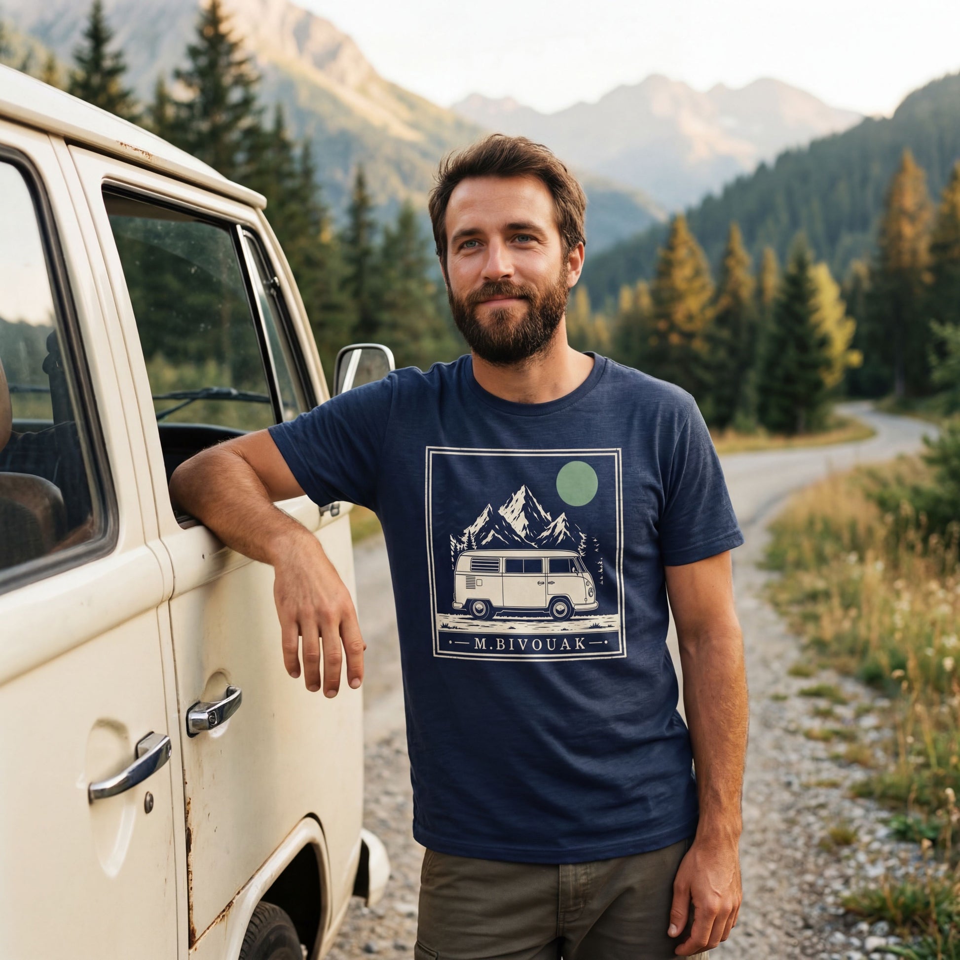 Homme portant le t-shirt Van & Montagne bleu marine en coton en conversion biologique appuyé sur un combi VW en montagne. M.Bivouak, vanlife.