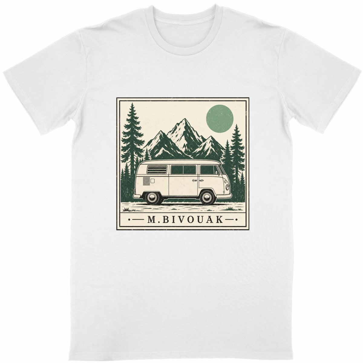 T-shirt vanlife Van et Montagne gravure vintage blanc coton en conversion biologique made in France M.Bivouak